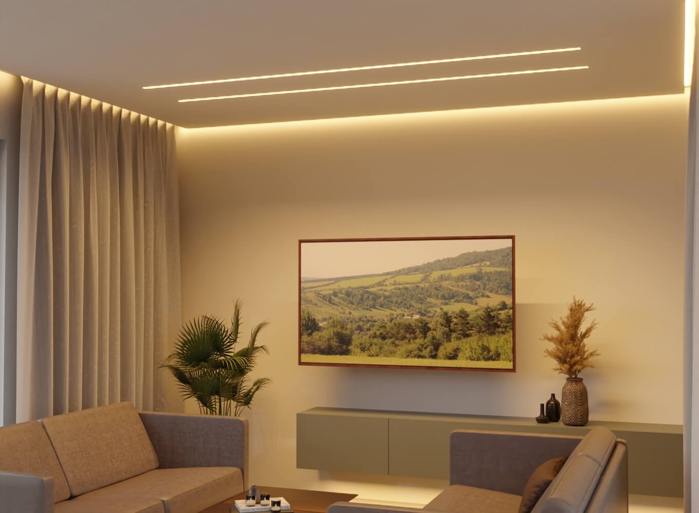 Wohnzimmer mit indirekter Beleuchgung über Lichtvoute mit warmweißen Licht