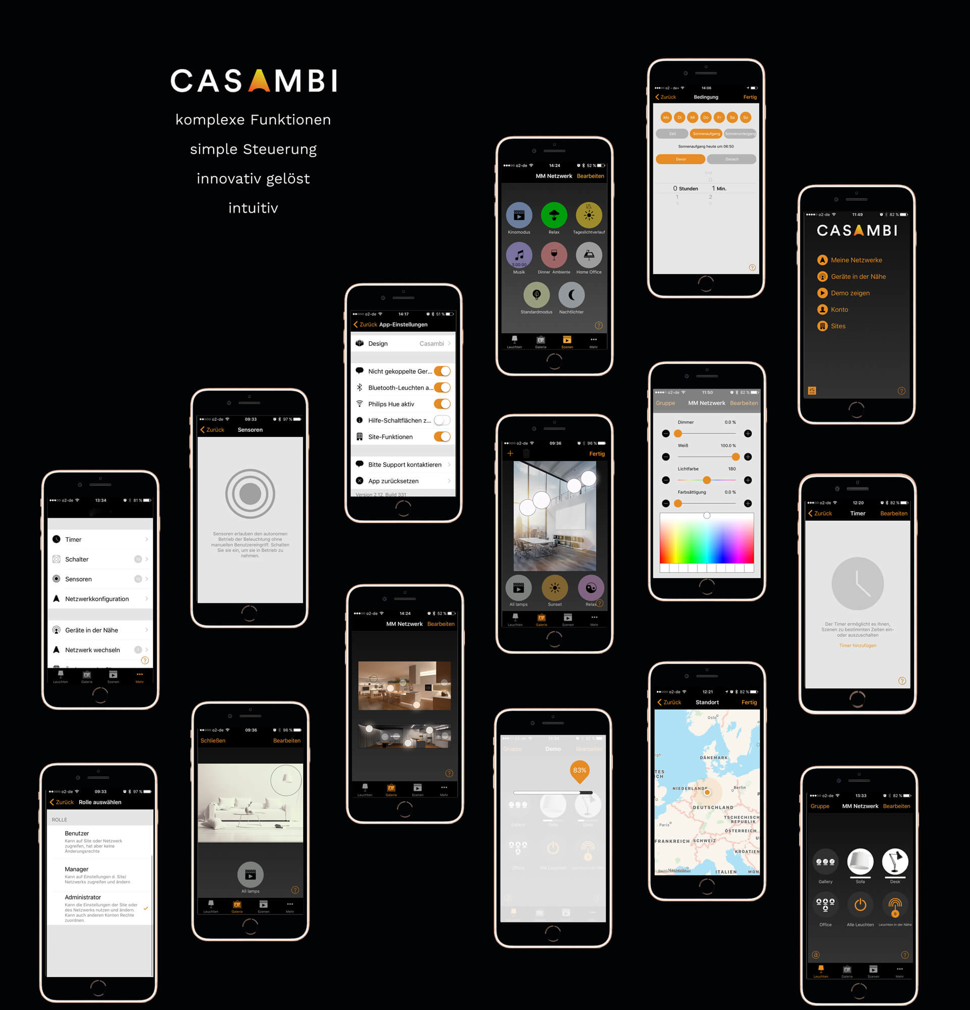 Übersicht mehrerer CASAMBI Eingabemasken an Iphones