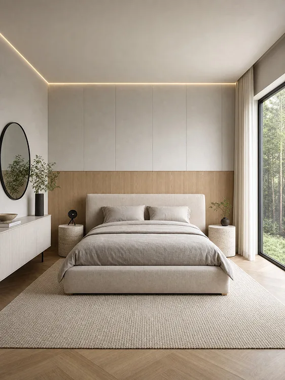 Japandi minimalistisches Schlafzimmer mit Lichtvoute