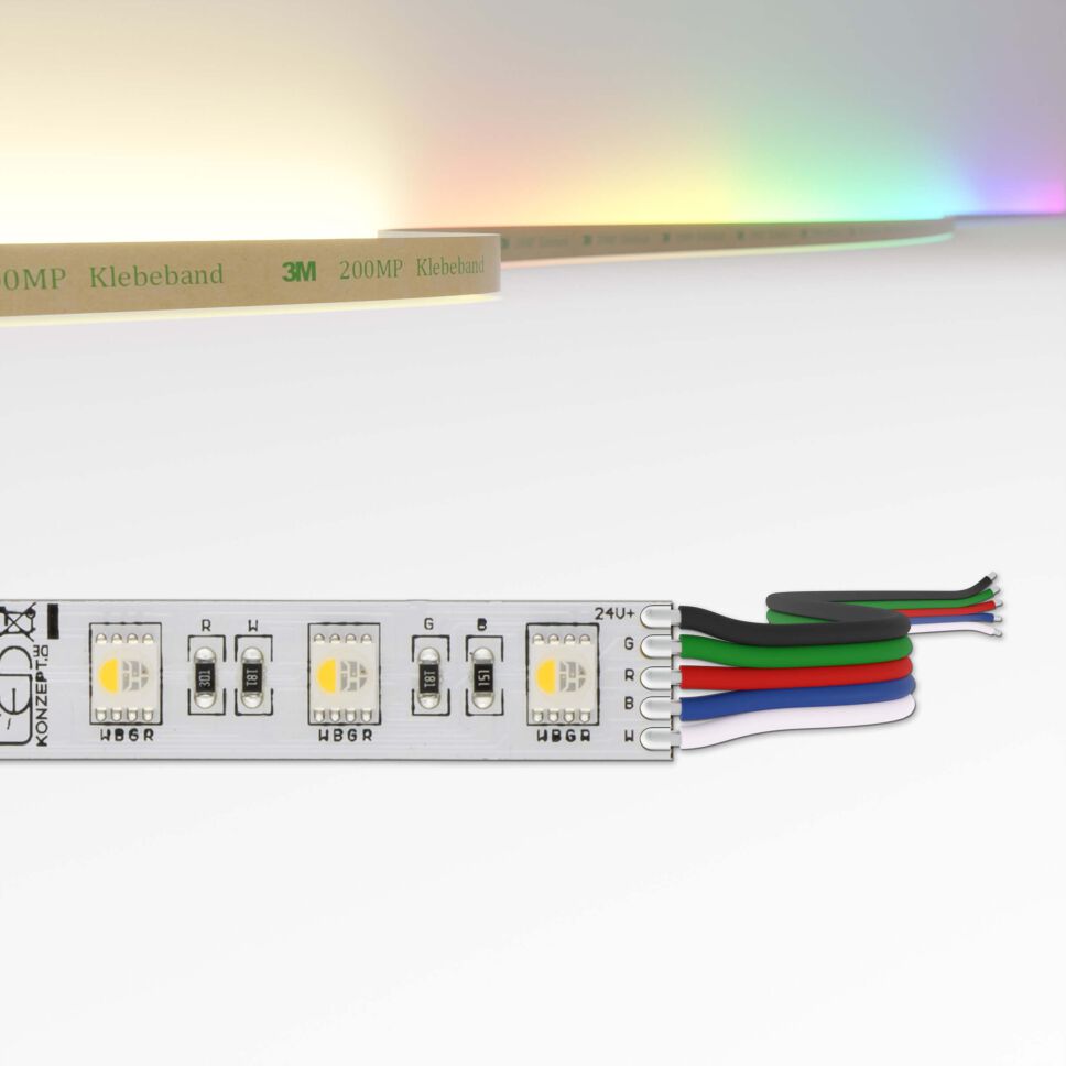 RGBW LED Streifen mit warmweißen und farbigen LEDs in einer SMD LED verbaut, Oben sind die möglichen Lichtfarben dargestellt