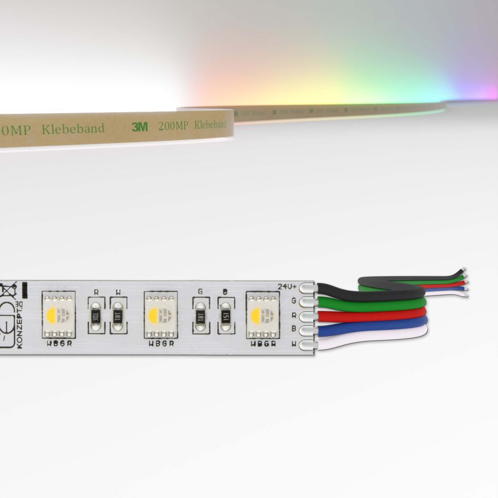 RGBW LED Streifen mit 4-in-1 Chips, 60 LEDs pro Meter, 12mm Breite und 10cm Modullänge, im Bild ist auch eine technische Zeichnung zu sehen