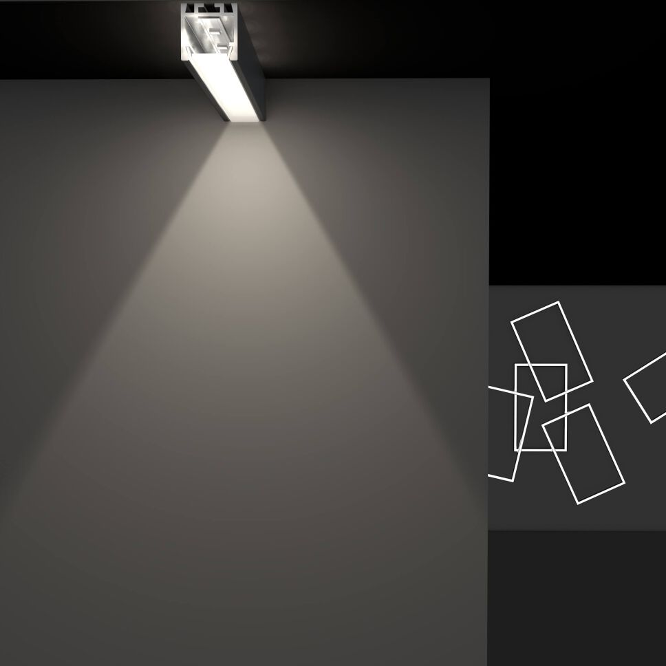 Anwendung Profil PDS ZM, Hängeleuchte mit Darstellung des Öffnungswinkels und rechtswinklige skulpturale Lichtelemente an der Wand