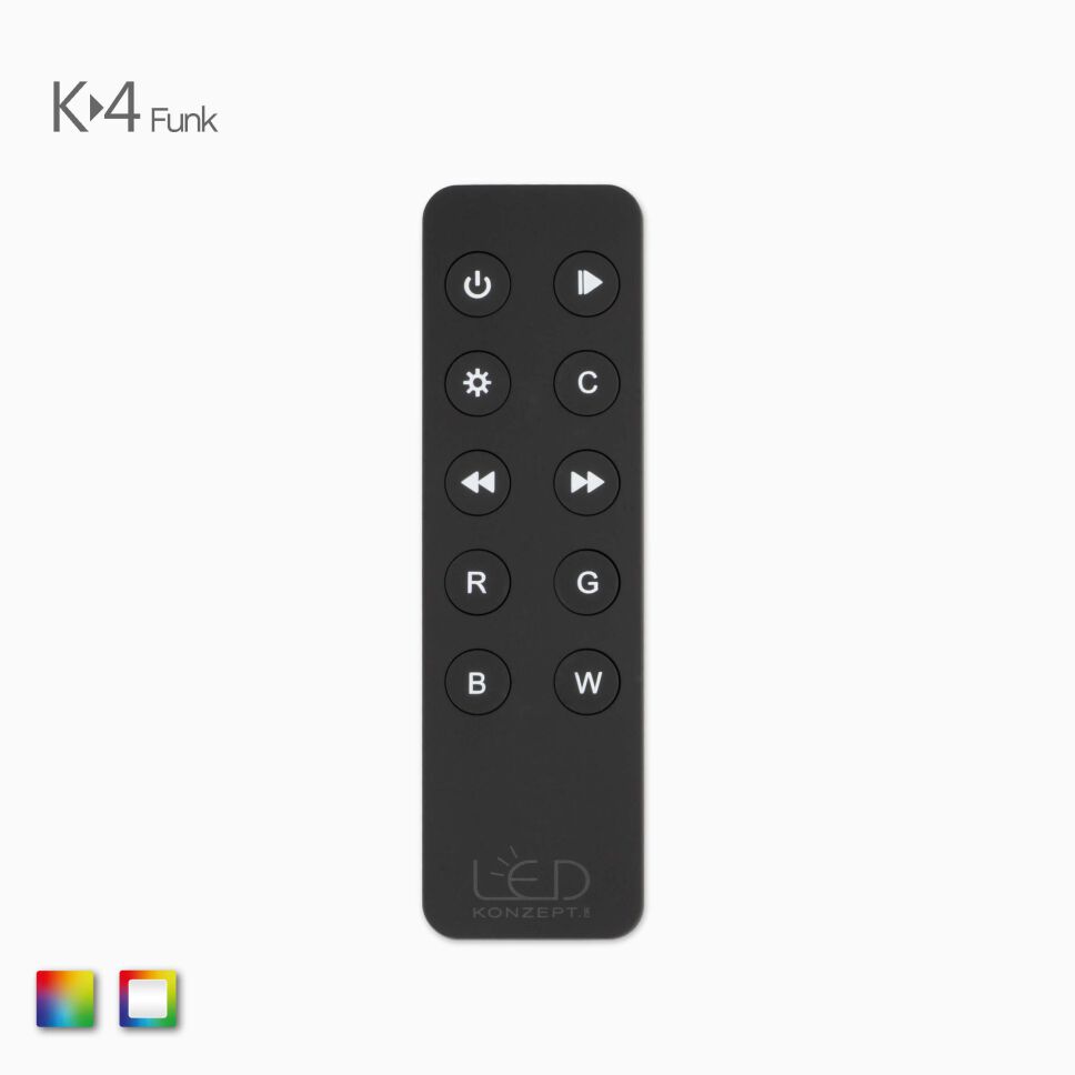 Produktbild der schwarzen RGBW RGB LED K-4 Funk Fernbedienung zur Steuerung von RGBW LED Streifen