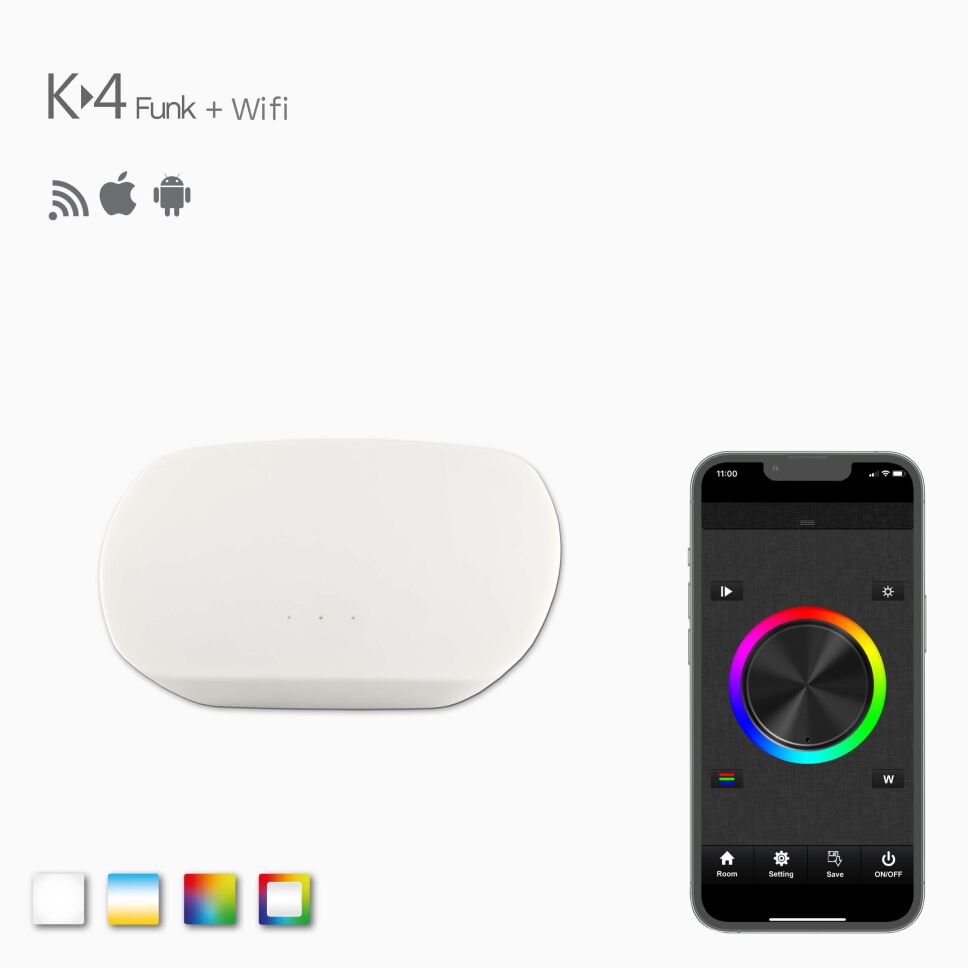 Produktbild K-4 Funk Wifi Controller in weiß und Steuerungsmaske für Iphone
