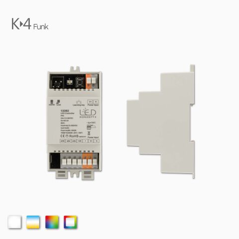 Front und Seite des K-4 RGBW-RGB CCT LED Funk Empfängers  passend für DIN Hutschienen TS7.5 u. TS15