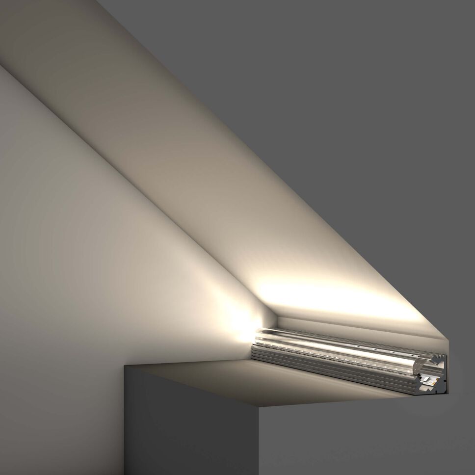 Querschnitt vom LED Alu Profil EK-L mit Linsenabdeckung, technische Zeichnung ist mit Bemaßung