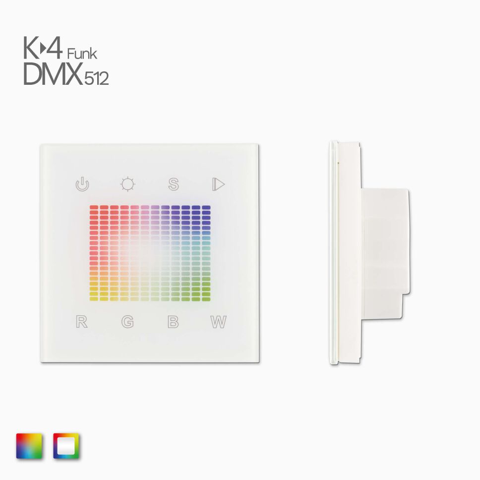 Frontansicht und Seitenansicht vom weißen DMX und Funk fähigen RGBW-RGB Wand-Controllers