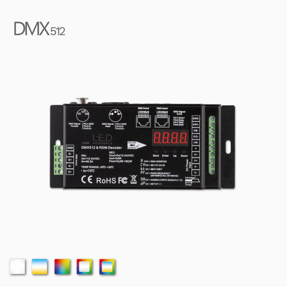 Draufsicht auf DMX512 RDM Dekoder mit 7 Segment-Anzeige im schwarzen Metalgehäuse