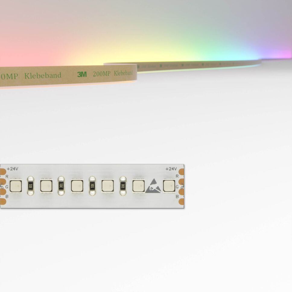 12mm breiter High Power RGB LED Streifen mit 29W pro Meter, SMD LEDs haben eine schwarze Umrandung, mit Darstellung des Farbraums oben im Bild