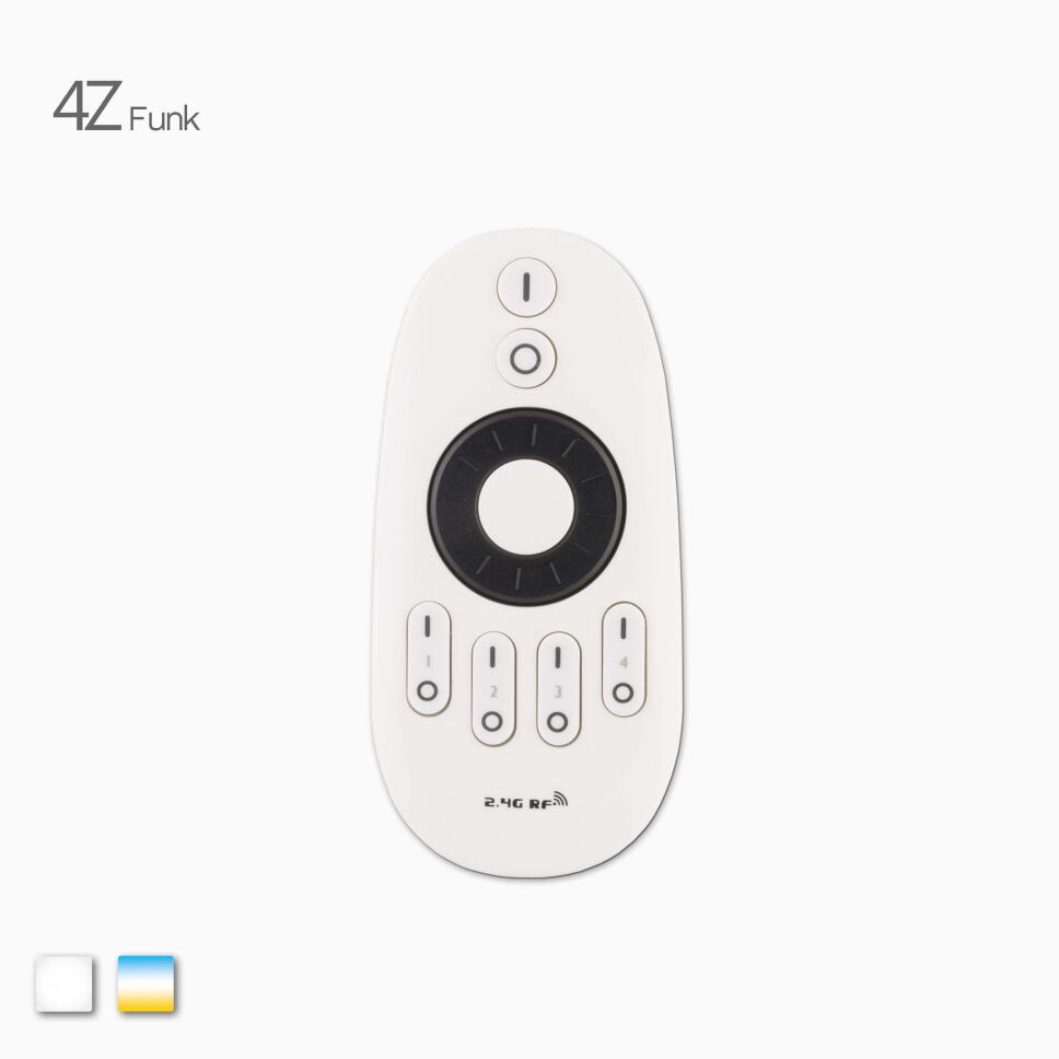 Produktbild der weißen 4Z LED Funk Fernbedienung zur Steuerung von einfarbigen LED Streifen