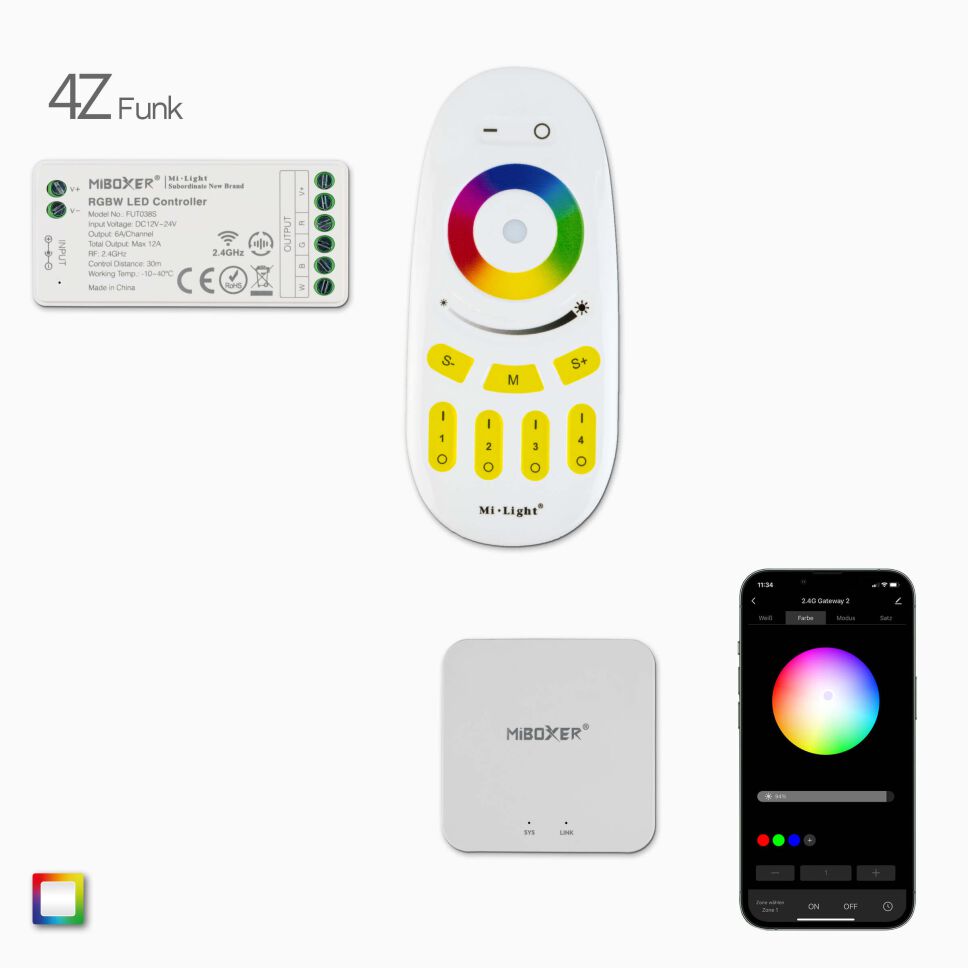 4Z RGBW RGB LED Funk Fernbedienung, 1 Funk Empfänger, Wifi-Controller und App-Maske, Produktbild und Lieferumfang