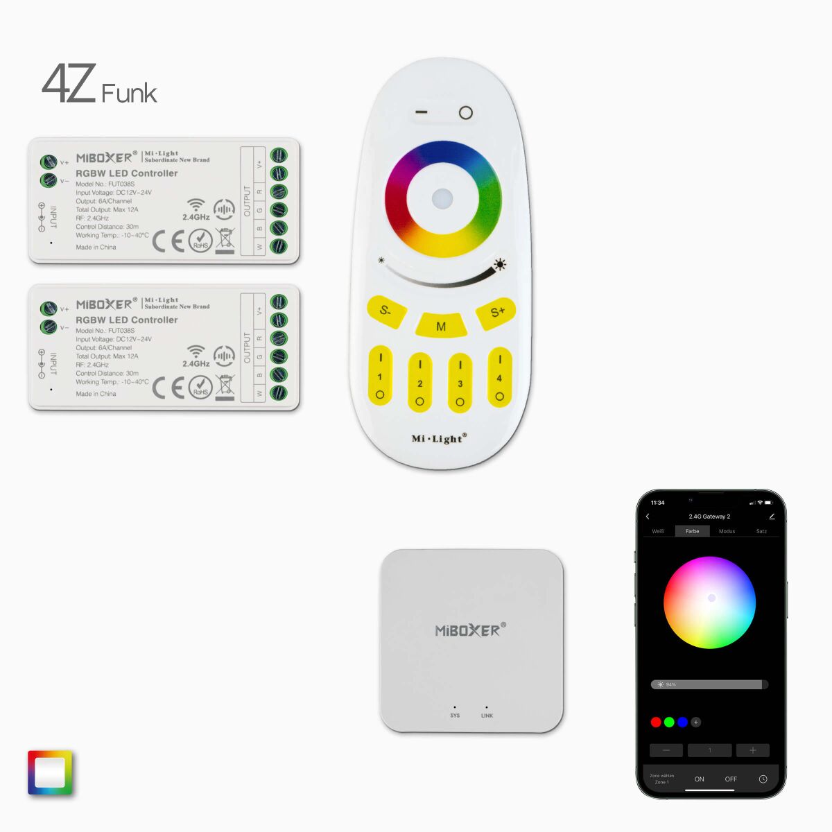 Funk-Wifi Steuerung für RGBW LED Strips mit 2 Cont, 95,90 €