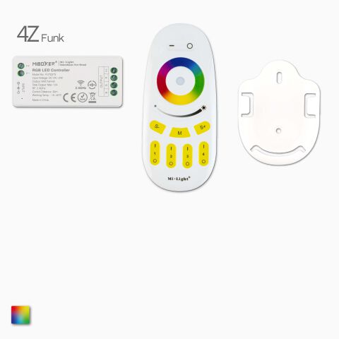 4Z RGBW-RGB LED Funk Fernbedienung, 1 RGB Funk Empfänger, Wandhalterung, Wifi-Controller und App-Maske, Produktbild und Lieferumfang