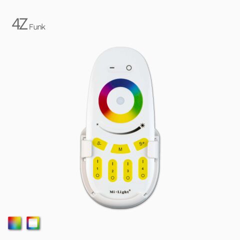 4Z RGBW-RGB LED Funk Fernbedienung, Frontansicht in Wandhalterung gesteckt