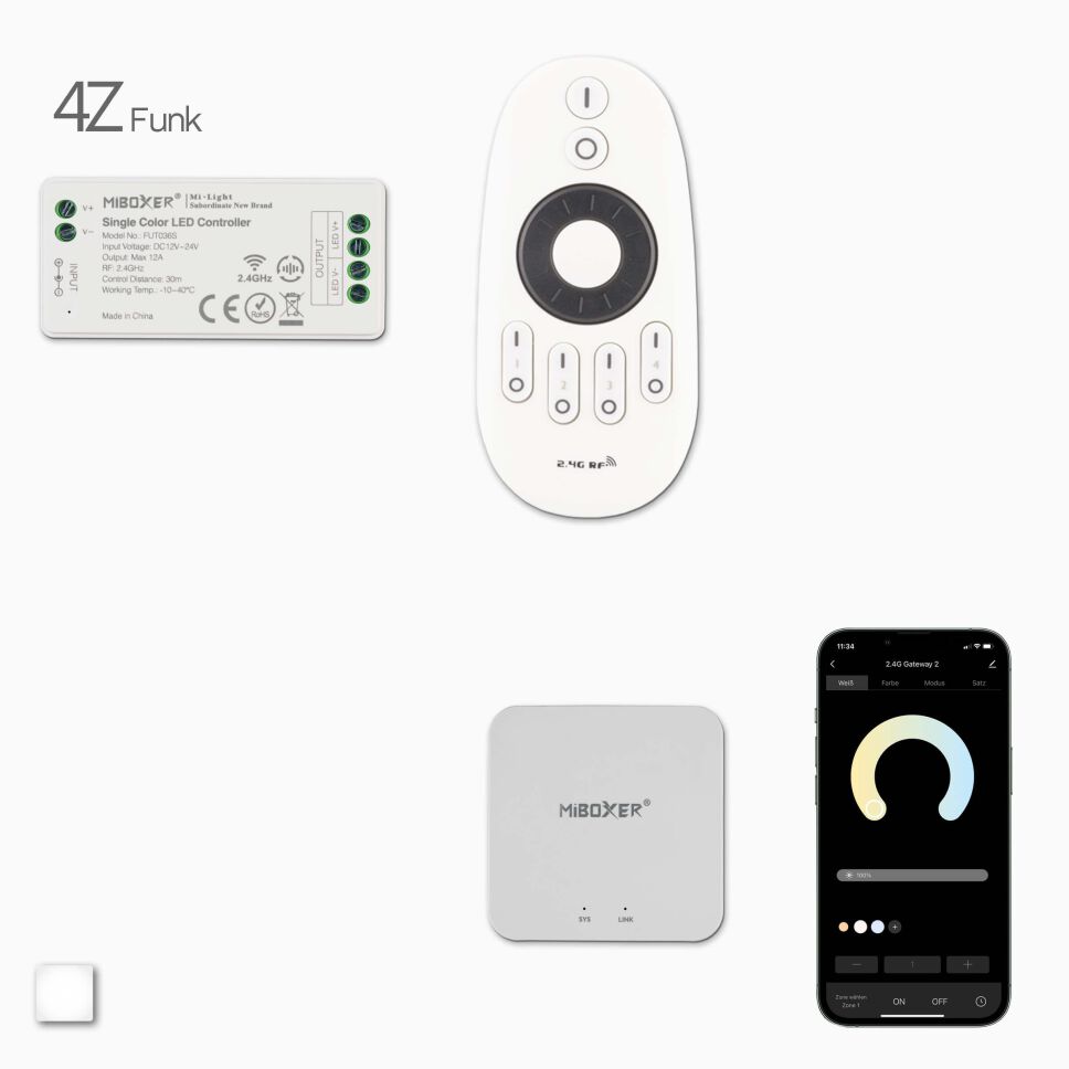 4Z LED Funk Fernbedienung, 1 LED Funk Dimmer, Wifi-Controller und App-Maske, Produktbild und Lieferumfang