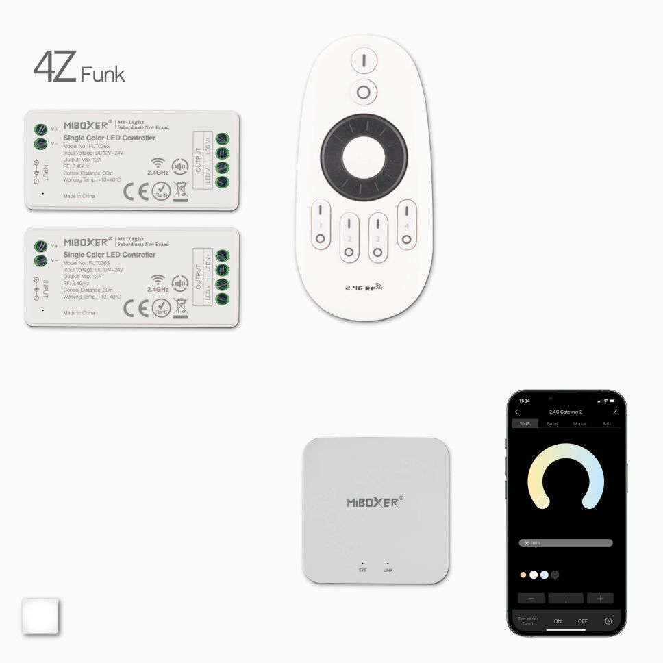 4Z LED Funk Fernbedienung, 2 LED Funk Dimmer, Wifi-Controller und App-Maske, Produktbild und Lieferumfang