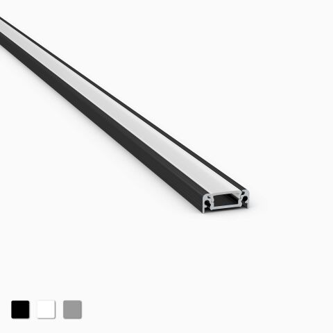 Produktbild LED Alu Profil N in schwarzer Ausführung mit opaler Abdeckung vor grauem Hintergrund