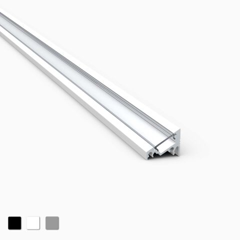 Produktbild vom LED Alu Profil E mit 30° 60° Grad Winkel, pulverbeschichtet schwarz, mit opaler Abdeckung