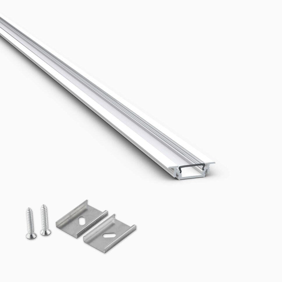 weiß pulverbeschichtetes LED Alu Flügelprofil F mit durchsichtig klarer Abdeckung zum Einclipsen und Montageclips