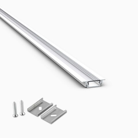weiß pulverbeschichtetes LED Alu Flügelprofil F mit durchsichtig klarer Abdeckung zum Einclipsen und Montageclips