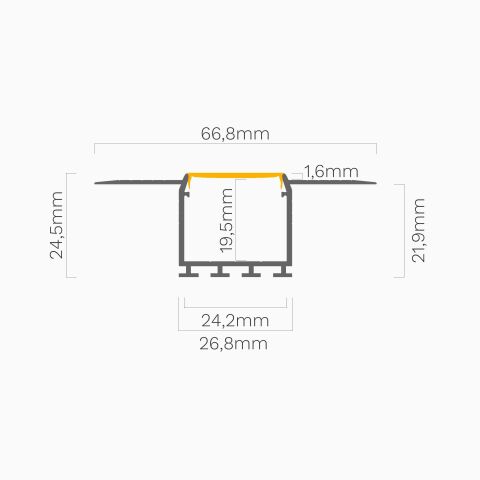 Querschnitt mit Bemaßung vom LED Alu Profil KOZEL, schematische Darstellung