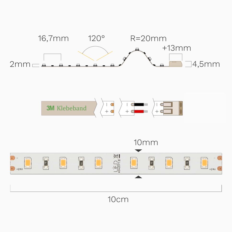 Technische Abbildung  vom warmweiß 2700K leuchtenden 24V LED Streifen mit Draufsicht und Seitenansicht und Bemaßung