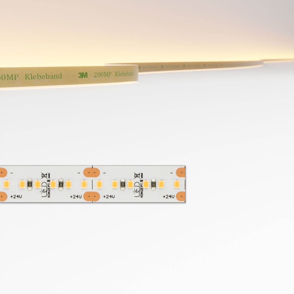 dicht bestückter LED Streifen mit kurzer Modullänge, technische Zeichnung zeigt blanke Lötkontakte