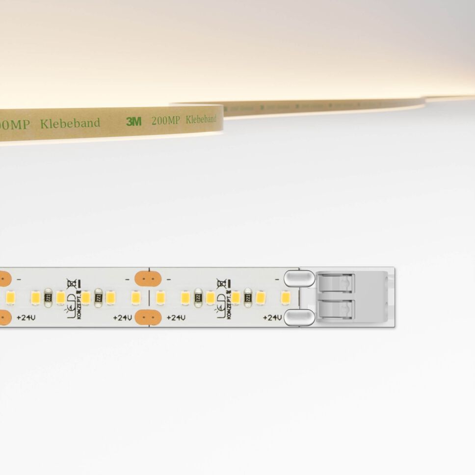 dicht bestückter LED Streifen mit kurzer Modullänge, technische Zeichnung zeigt Anschlussart Klemmsystem