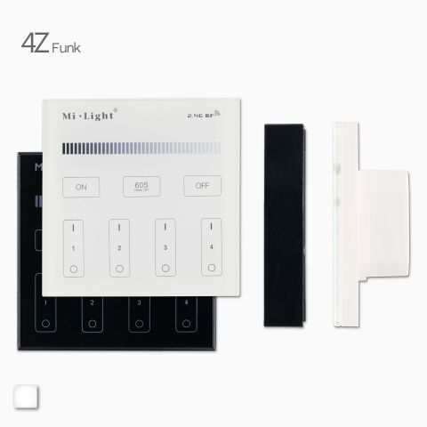 Produktbild, LED Funk Wandsteuerung in weiß oder schwarz zur Steuerung von einfarbigen LED Streifen, Frontansicht und Seitenansicht