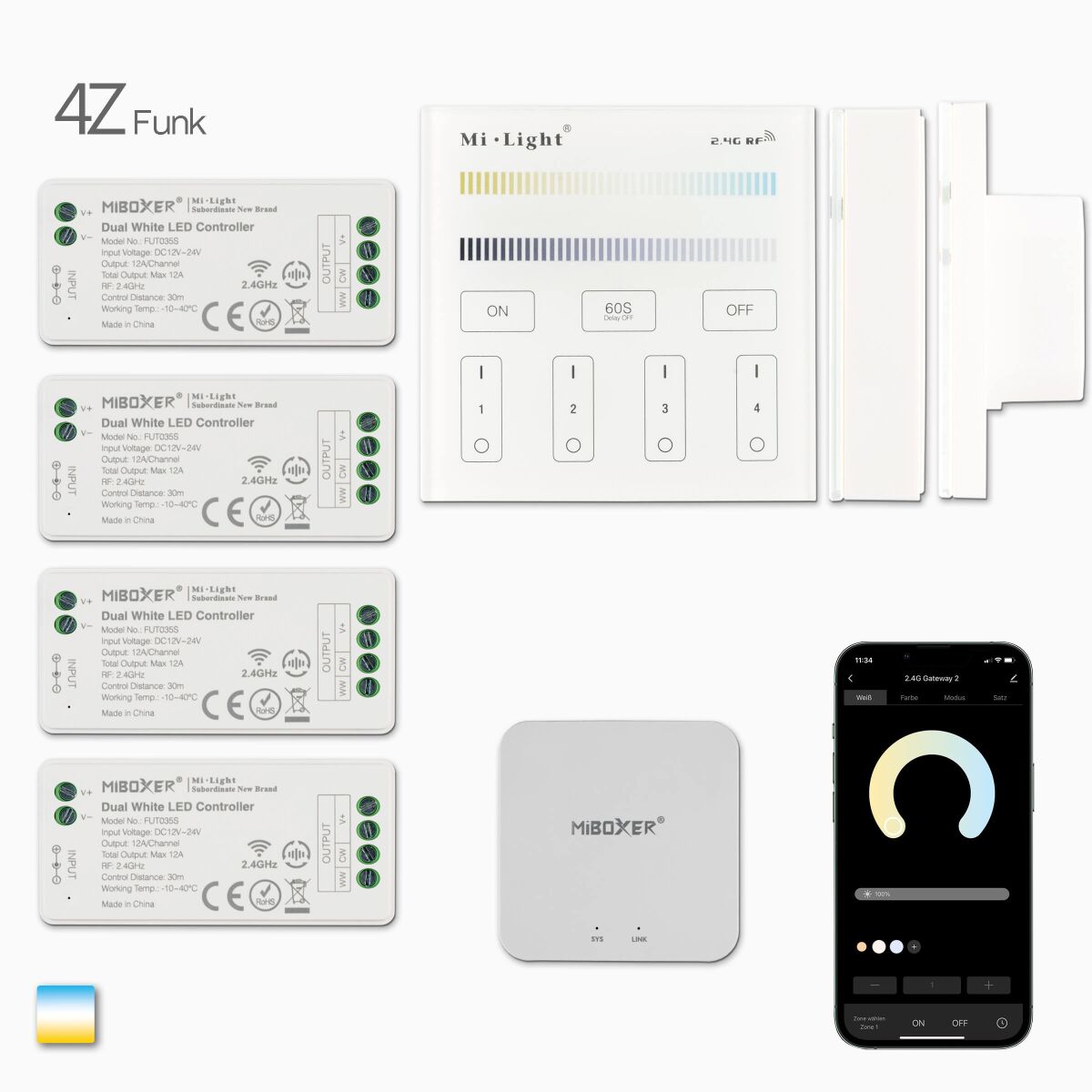 4-Zonen Funk Steuerung für dualweiße CCT LED, 47,99 €
