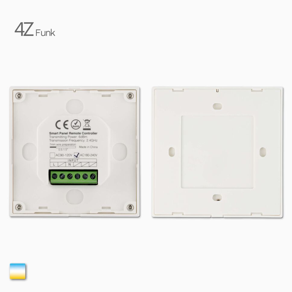 Rückseite CCT LED Funk Wandsteuerung, Vergleich zwischen Batteriefach und mit 230 VAC Stromversorgnug