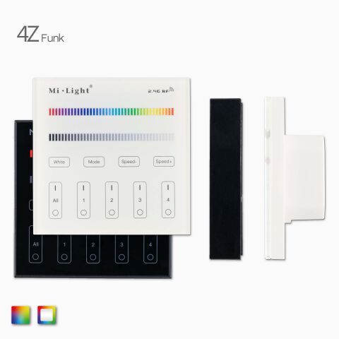 Front und Seitenansicht der 4Z RGBW-RGB LED Funk Wandsteuerung in weiß oder schwarz