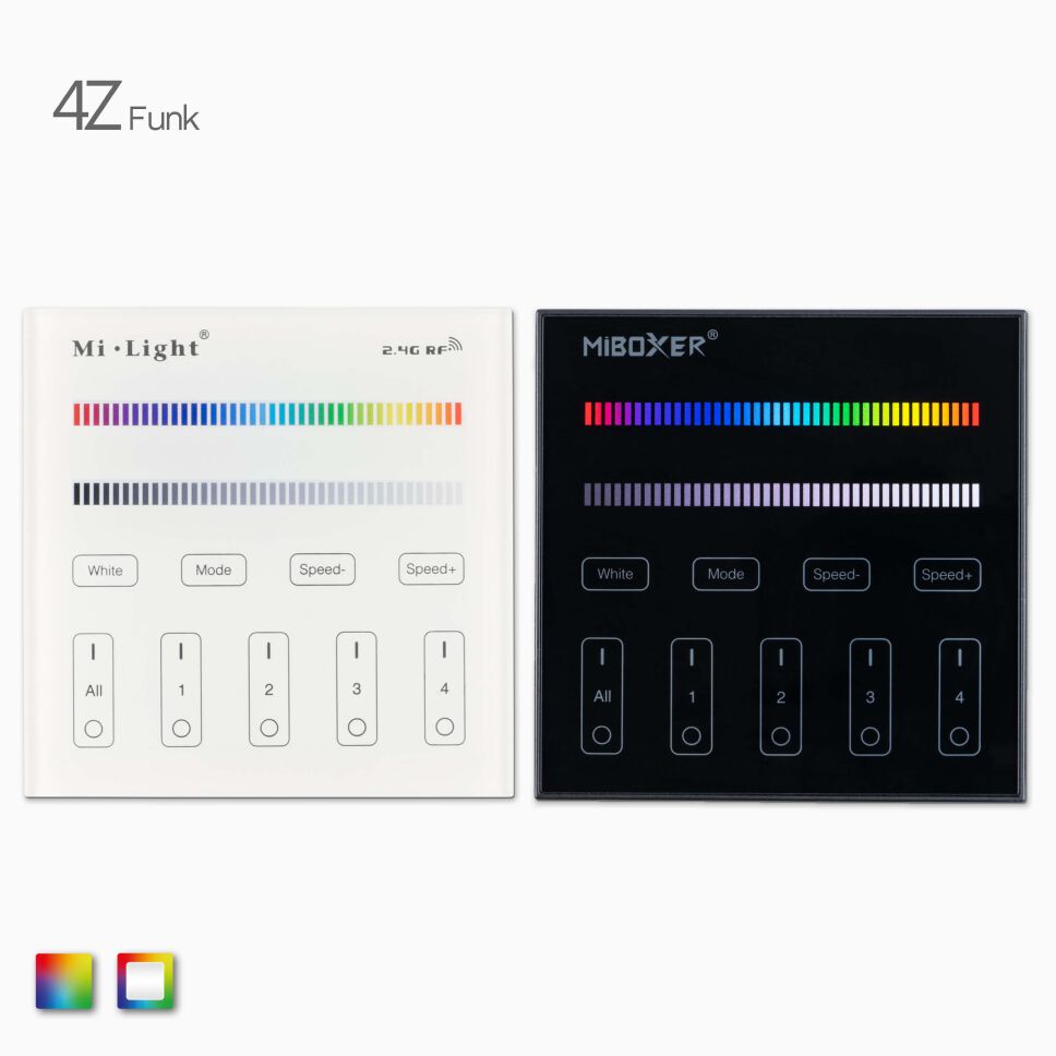 Produktbild der RGBW-RGB LED Funk Wandsteuerung in weiß für farbige RGB o. RGBW LED Streifen, Frontansicht und Seitenansicht