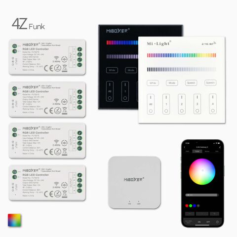 Produktbild, 1 RGBW-RGB LED Wandsteuerung, 4 RGB LED Controller, 1 wifi Controller, Draufsicht auf Lieferumfang