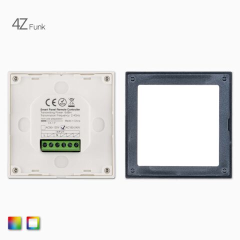 Rückseite RGB-RGBW LED Funk Wandsteuerung, Vergleich zwischen Batteriebetrieb und mit 230 VAC Stromversorgnug