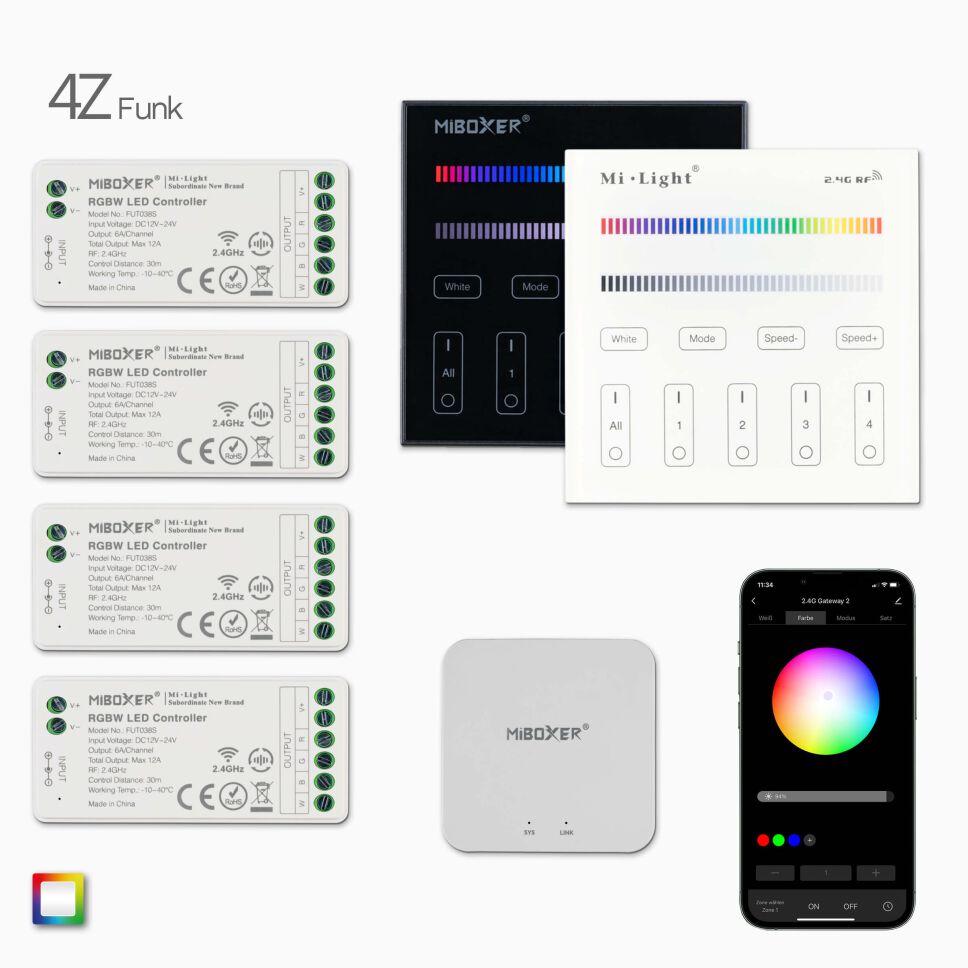 Produktbild, 1 RGBW-RGB LED Wandsteuerung, 4 RGBW LED Controller, 1 wifi Controller, Draufsicht auf Lieferumfang