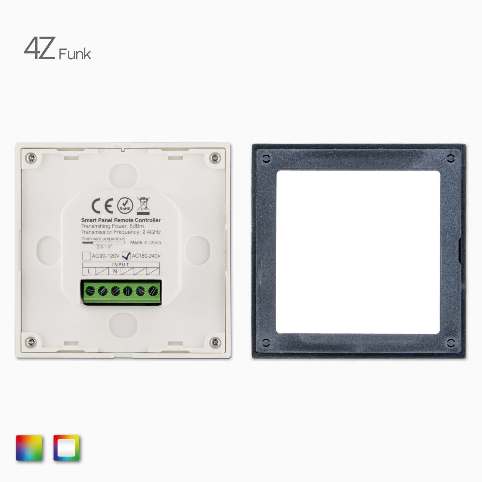 Rückseite RGB-RGBW LED Funk Wandsteuerung, Vergleich zwischen Batteriefach und mit 230 VAC Stromversorgnug