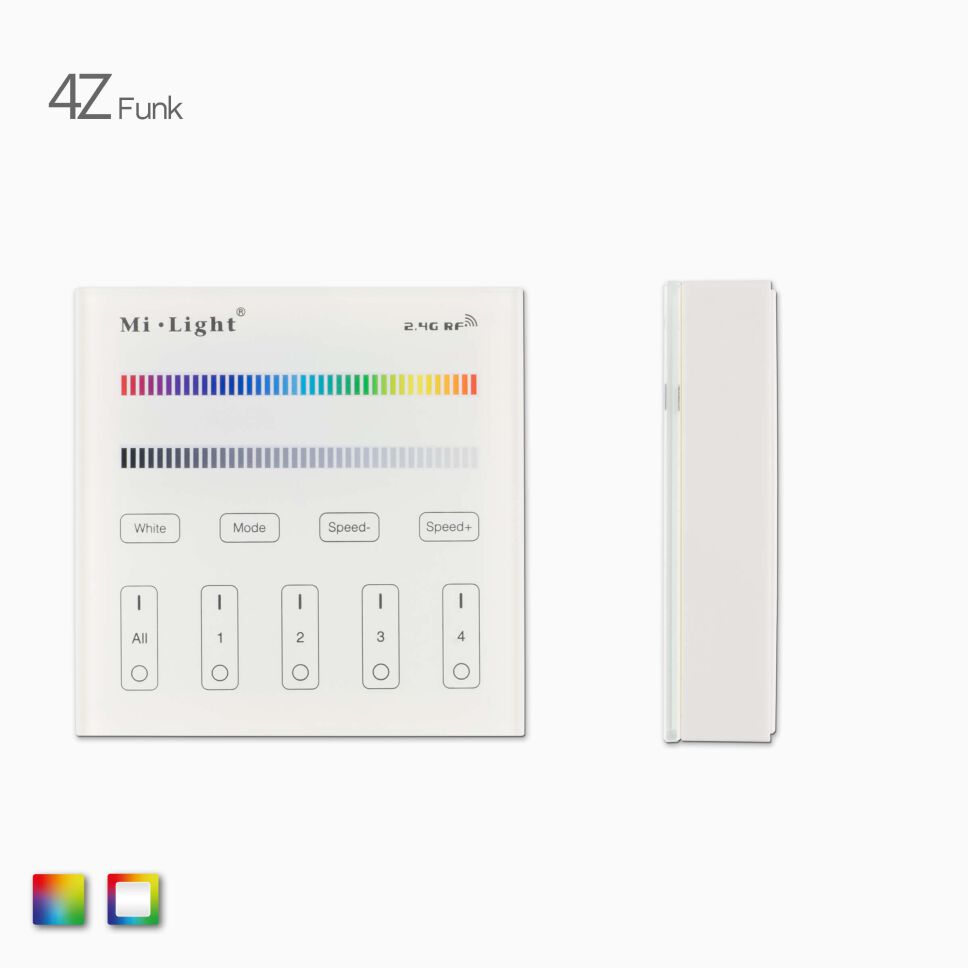 Produktbild, LED Funk Wandsteuerung, weiß für farbige RGB o. RGBW LED Streifen, Frontansicht und Seitenansicht