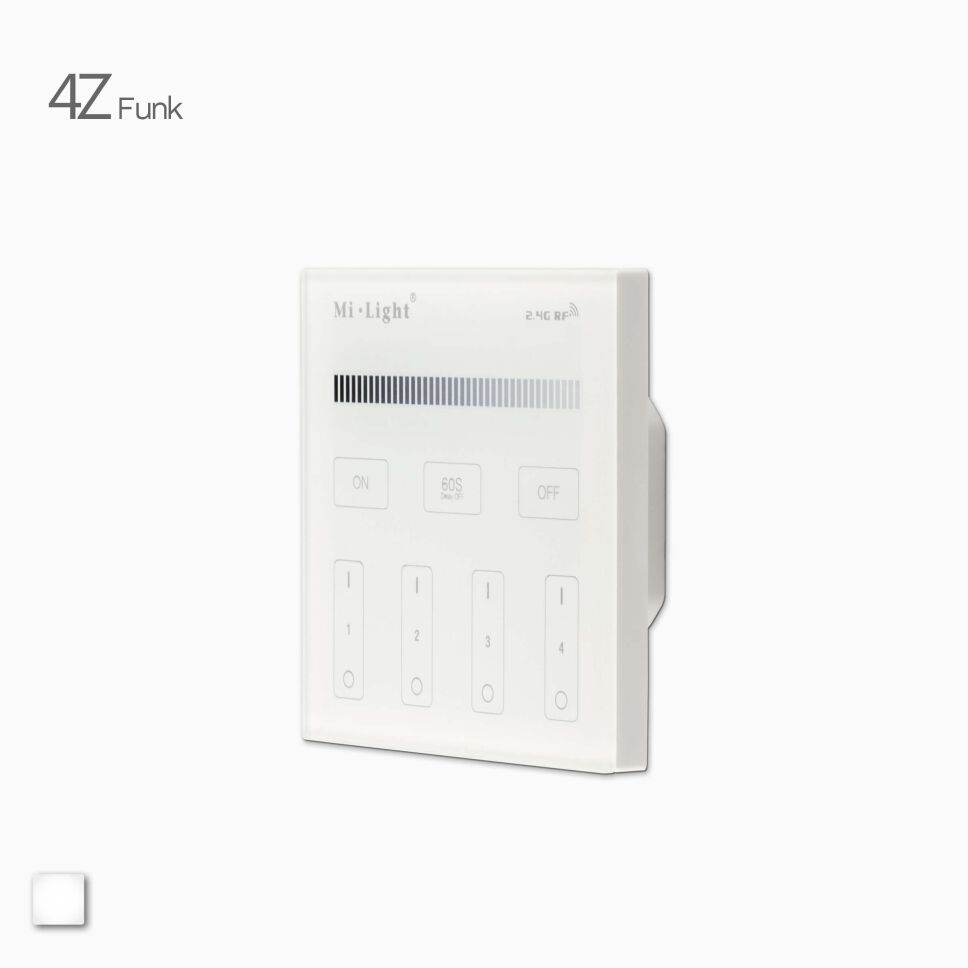 Produktbild der 4Z LED Wandsteuerung, Kavaliersansicht von der weißen LED Funk Wandsteuerung mit Glasfront