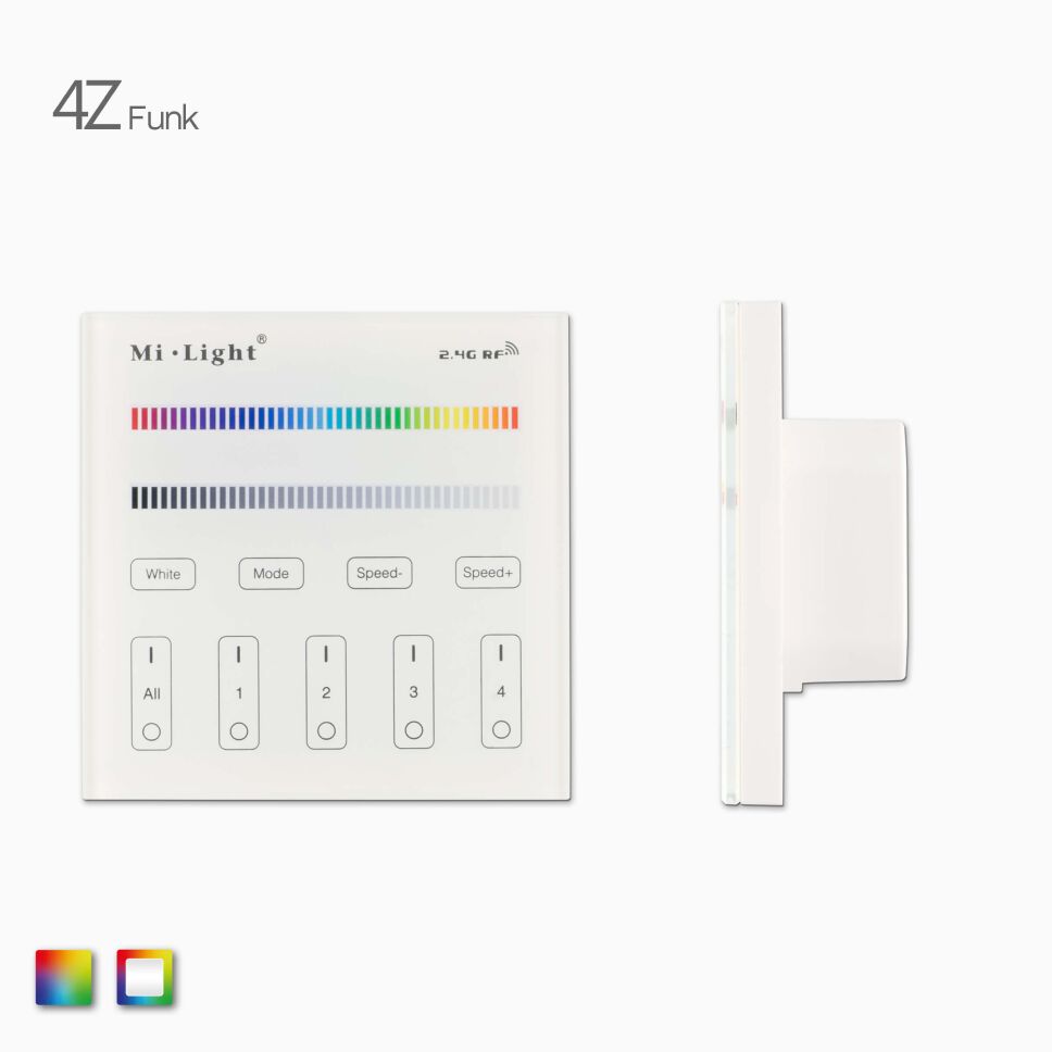 Produktbild der RGBW-RGB LED Funk Wandsteuerung (230V AC) in weiß für farbige RGB o. RGBW LED Streifen, Frontansicht und Seitenansicht