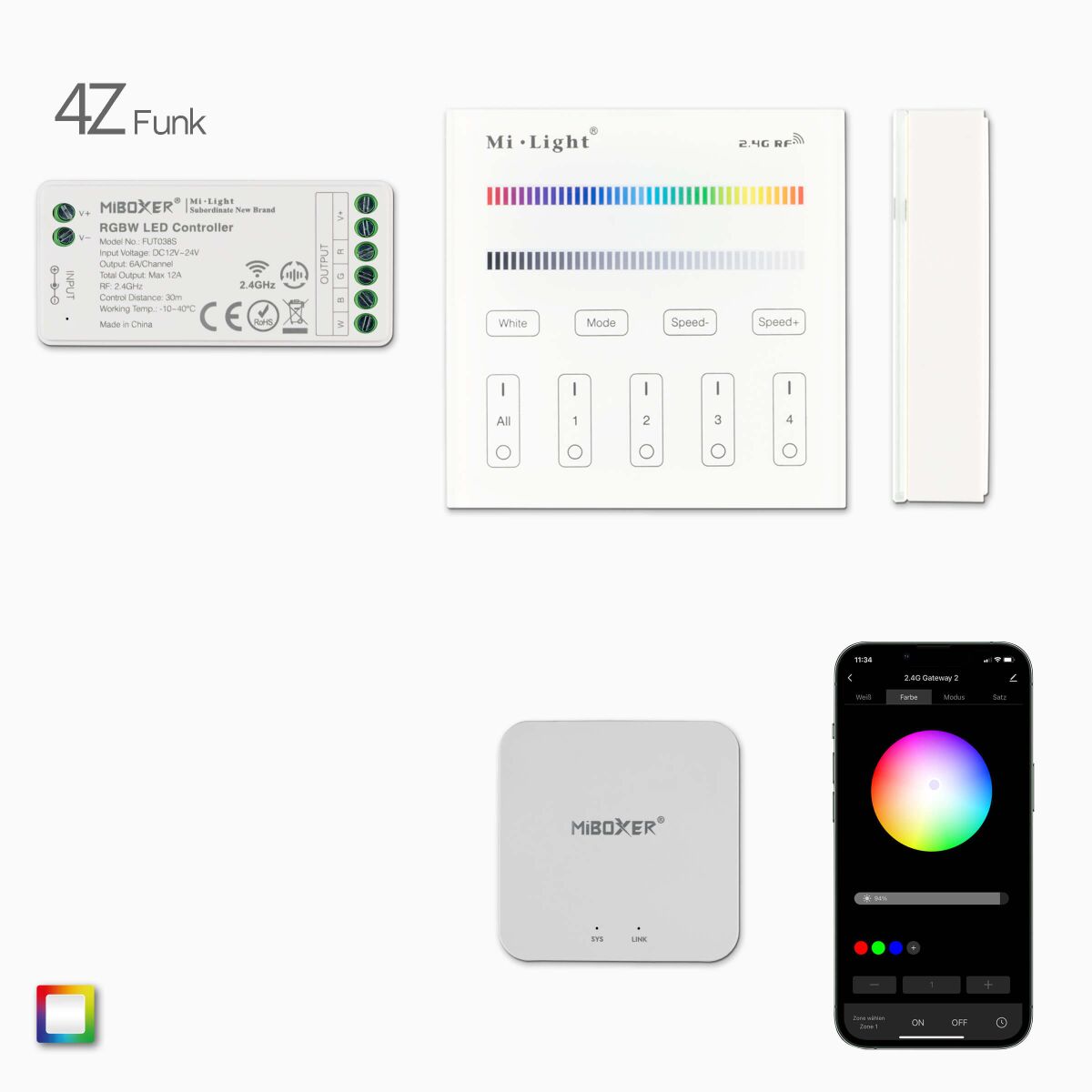 Funk-Wandsteuerung mit Wifi u. 1 RGBW LED Controll, 87,98 €