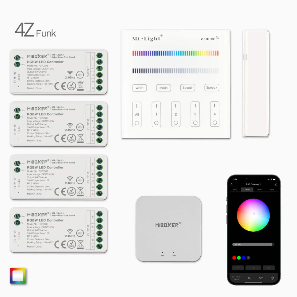 Produktbild, 1 RGBW-RGB LED Wandsteuerung mit Batteriebetrieb, 4 RGBW LED Controller, 1 wifi Controller, Draufsicht auf Lieferumfang