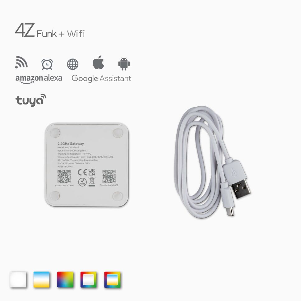 Draufsicht auf den 4Z Wifi Controller als Schnittstelle zur Steuerung der Funk Empfänger via Handy, Usb Kabel inkl.