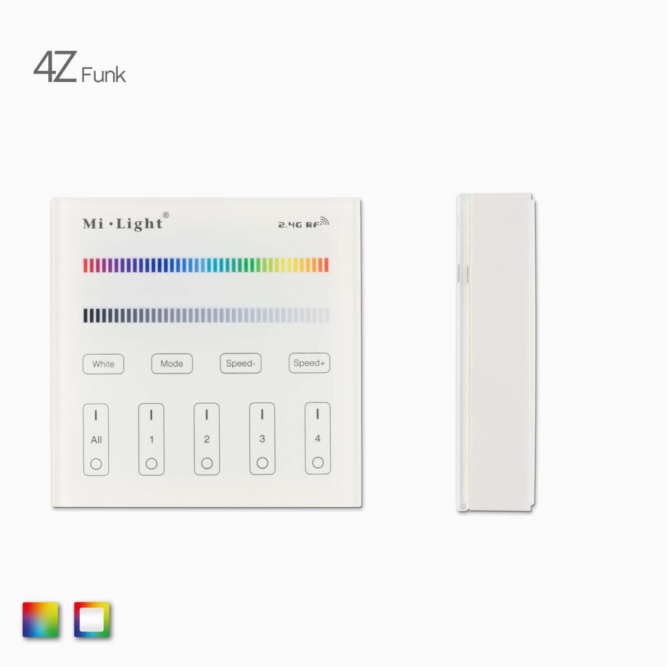 Produktbild der RGBW-RGB LED Funk Wandsteuerung (Batterieubetrieb) in weiß für farbige RGB o. RGBW LED Streifen, Frontansicht und Seitenansicht