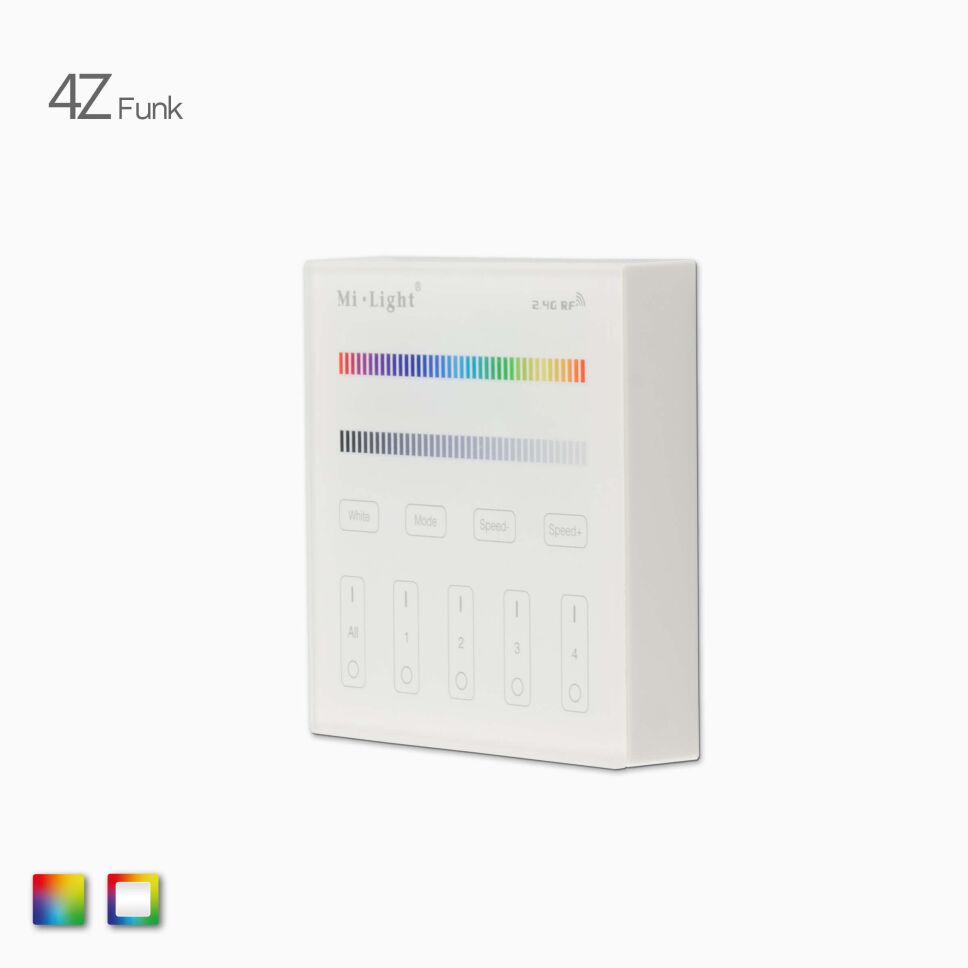 Produktbild, Kavaliersansicht der weißen RGBW-RGB LED Funk Wandsteuerung mit Glasfront