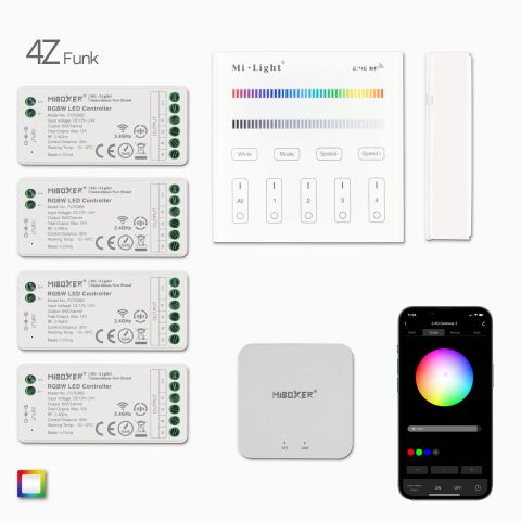 Produktbild, 1 RGBW-RGB LED Wandsteuerung mit Batteriebetrieb, 4 RGBW LED Controller, 1 wifi Controller, Draufsicht auf Lieferumfang