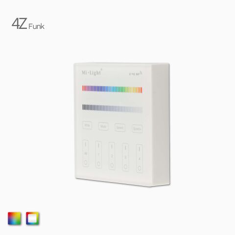 Produktbild, Kavaliersansicht der weißen RGBW-RGB LED Funk Wandsteuerung mit Glasfront