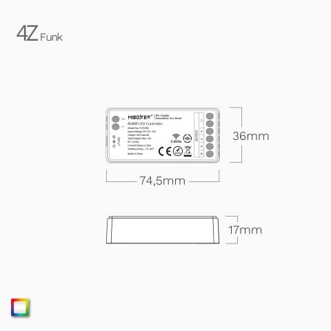 Technische Zeichnung vom 4Z RGBW LED Funk Controller, Zeichnung ist bemaßt