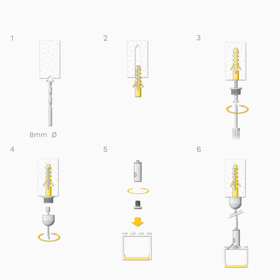 Montageanleitung für die Seilabhängung mit Stegschraube für LED Alu Deckenprofile, 2D Illustrationen vor grauen Hintergrund