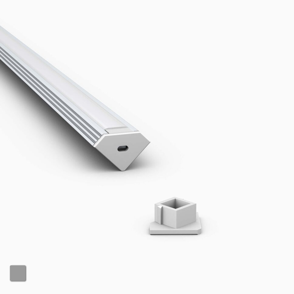 grauer Endkappe aus Kunststoff für Profil EK mit Öffnung für Kabelführung, Produktbild und Endkappe auf Profil gesteckt
